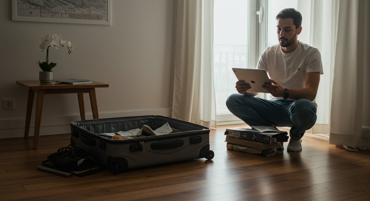 Minimalist travel essentials for 2025: organized suitcase, maps, and digital checklist in professional minimalist workspace
