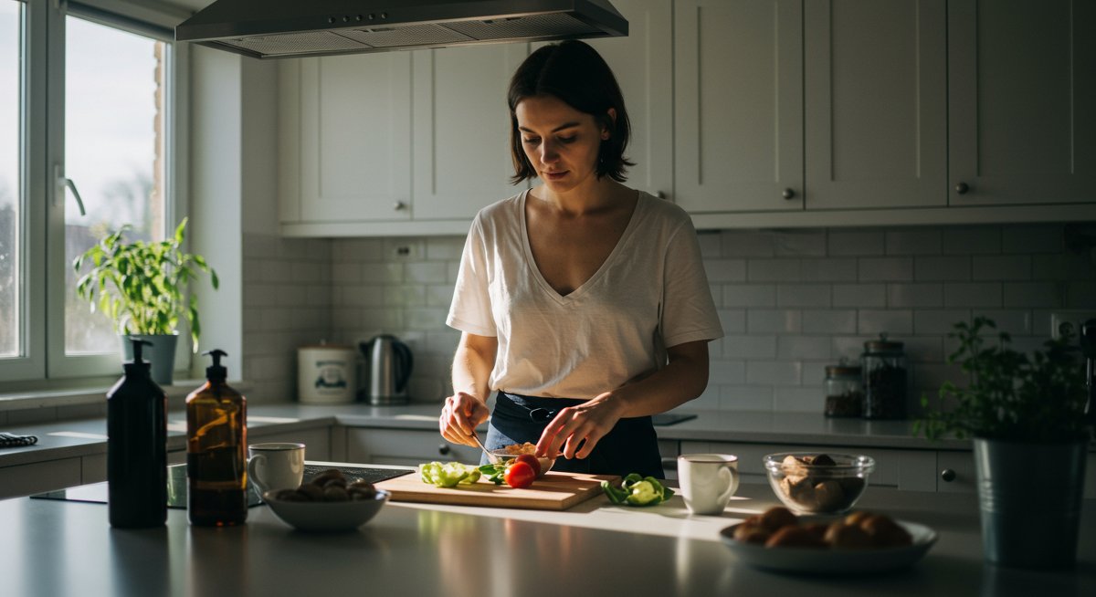 Professional minimalist meal prep with clean kitchen setup and focused expression