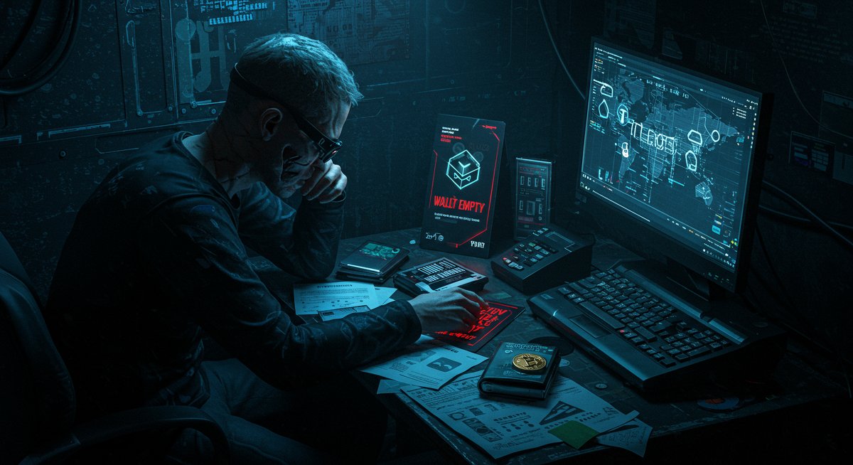 Bitcoin passphrase loss crisis - degen staring at empty wallet with scattered crypto documents and cracked hardware wallet