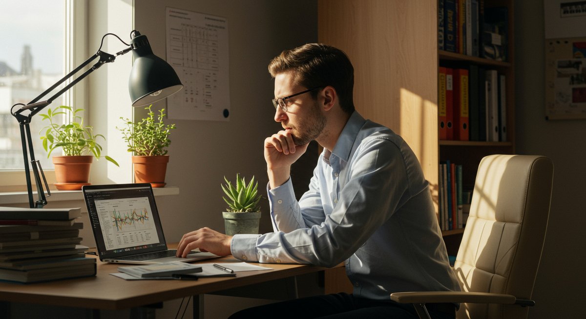 Experienced minimalist managing finances in organized workspace with budget spreadsheet, bills, and plant