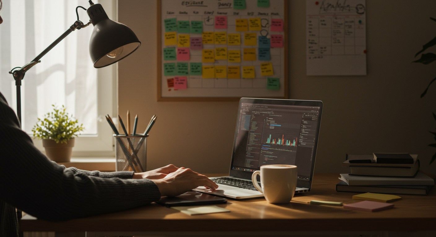 A person working at a desk with a laptop and Kanban board, representing effortless workflow with the Kanban method.