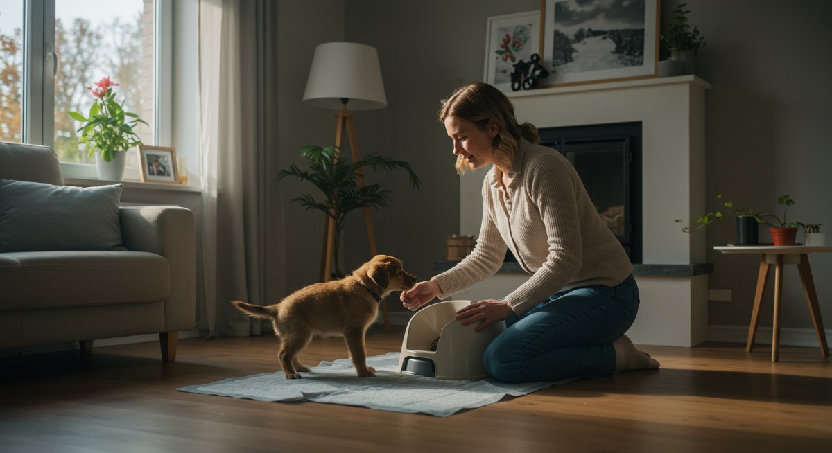 Potty training puppy guide - woman and puppy using designated potty area in living room