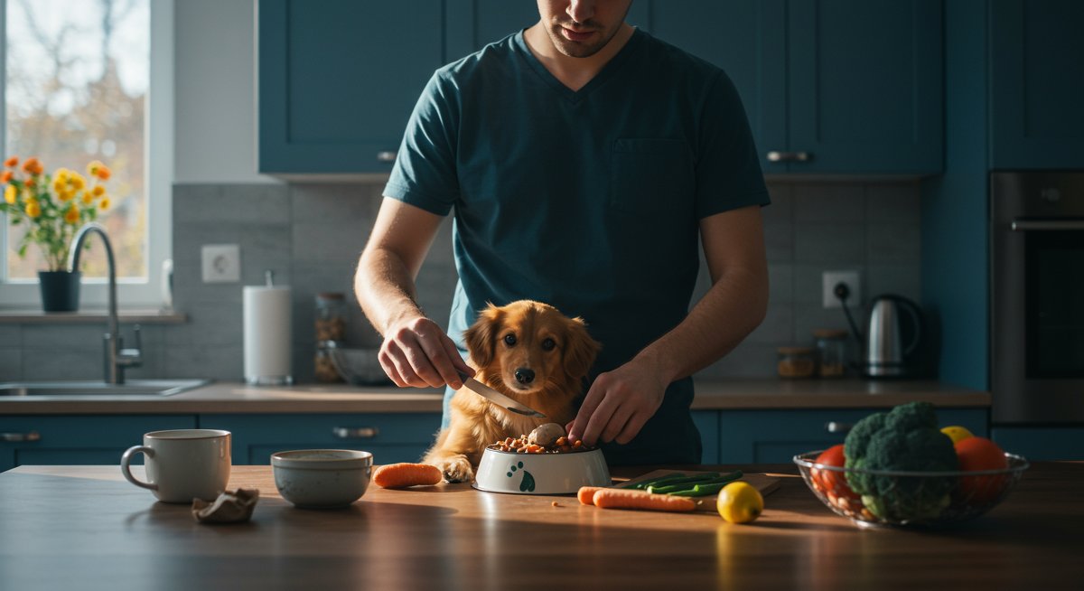 Experienced pet owner preparing nutritious food to support canine digestive wellness