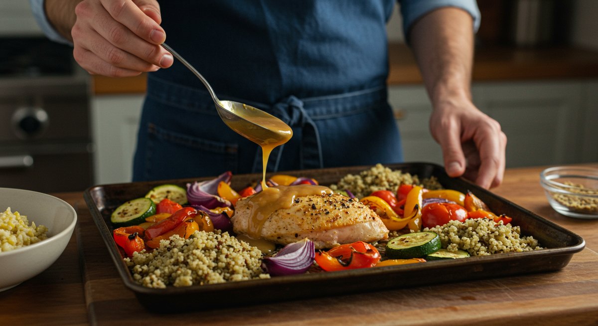 Sheet pan dinner with roasted chicken, vegetables, and quinoa - ideal for busy weeknights