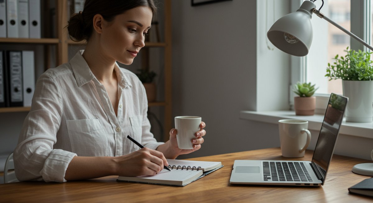 Professional woman achieving work-life balance through mindful planning and organization in a clean, modern workspace