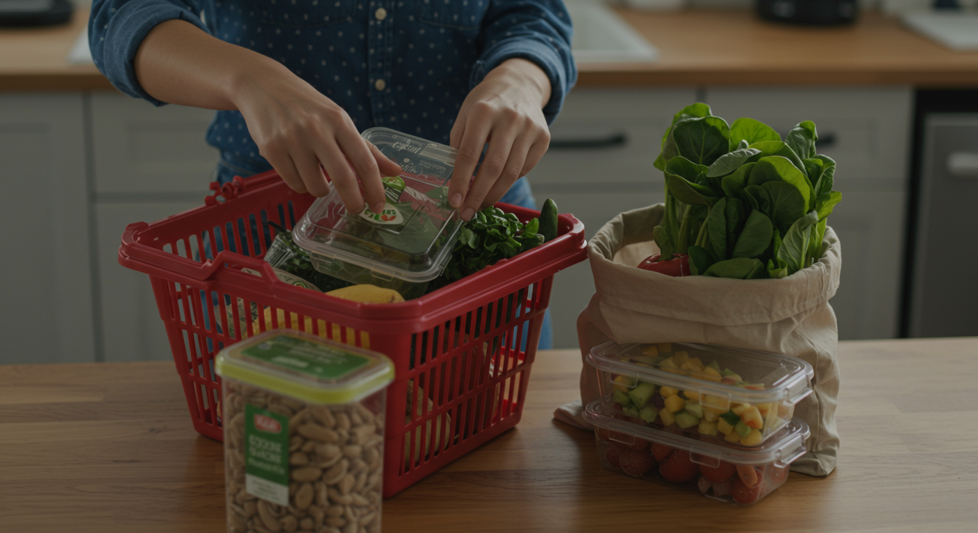 A person organizing a vegan shopping basket with reusable bags, showcasing sustainable and ethical vegan shopping practices.