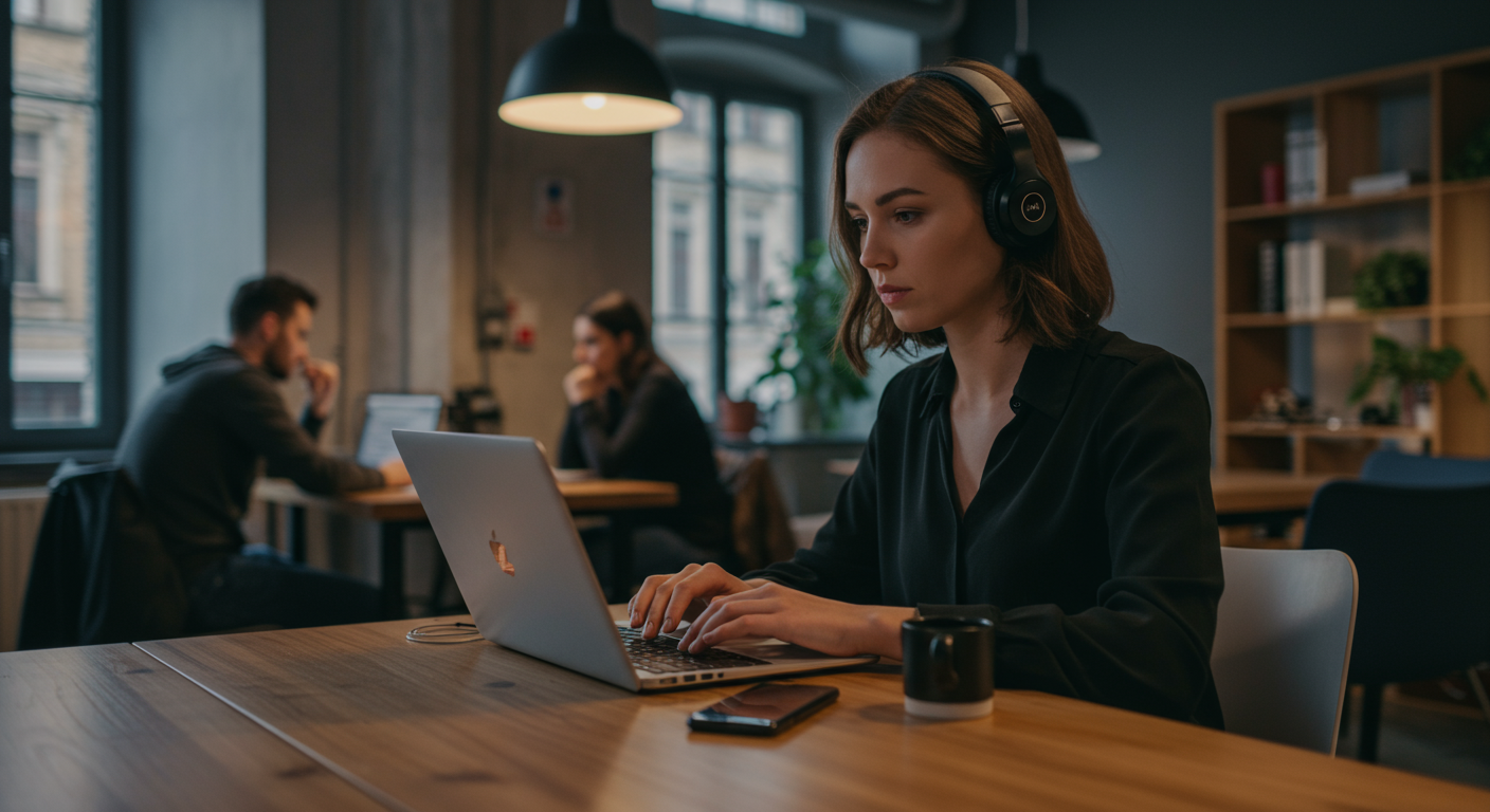 Female digital nomad working on laptop with cybersecurity measures at a co-working space, emphasizing online security while traveling.
