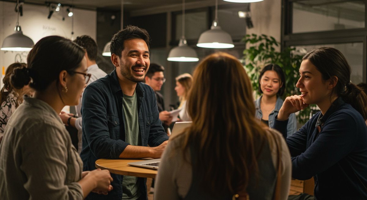 Digital nomads networking in a modern co-living space community event