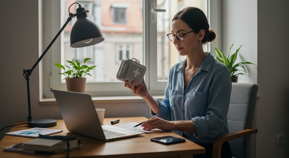 Professional digital nomad woman managing chronic illness while working remotely in Lisbon co-working space