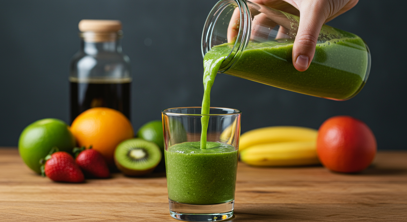 A close-up photo of a refreshing green smoothie being poured into a glass, with fresh fruits in the background. This image captures the vibrant colors and appealing textures of a healthy breakfast option, perfect for a quick and energizing start to the day.
