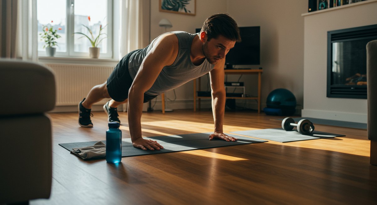 Intermediate fitness enthusiast doing burpees at home with natural light and workout essentials