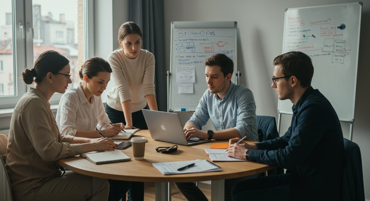 Digital nomads in a modern co-living space working together with laptops and whiteboard