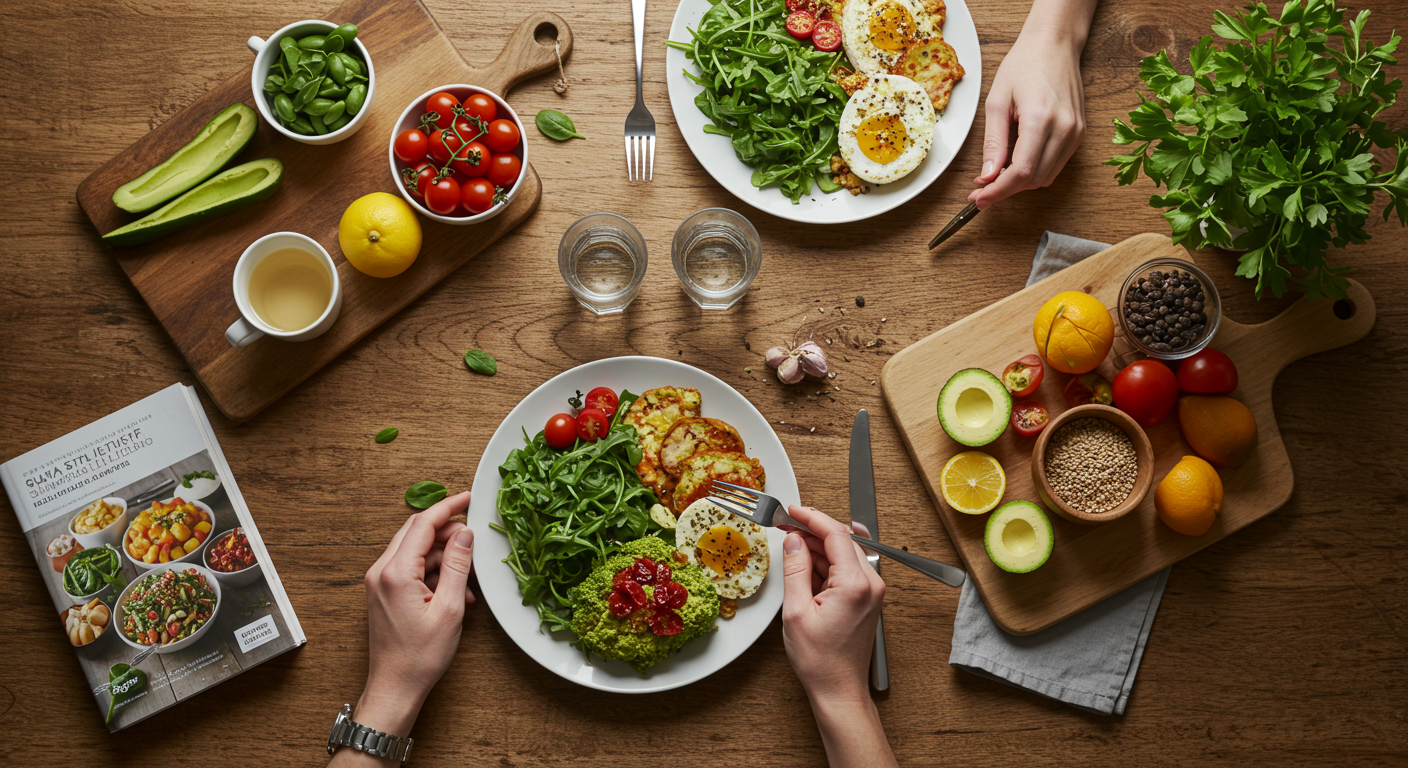 Delicious and affordable vegan meal on a budget, featuring fresh vegetables and a cookbook.