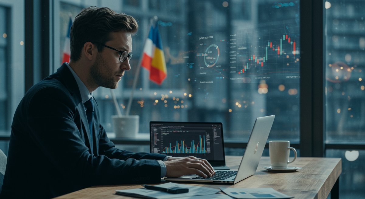 Experienced European P2P investor using a laptop to analyze investment strategies in a modern workspace