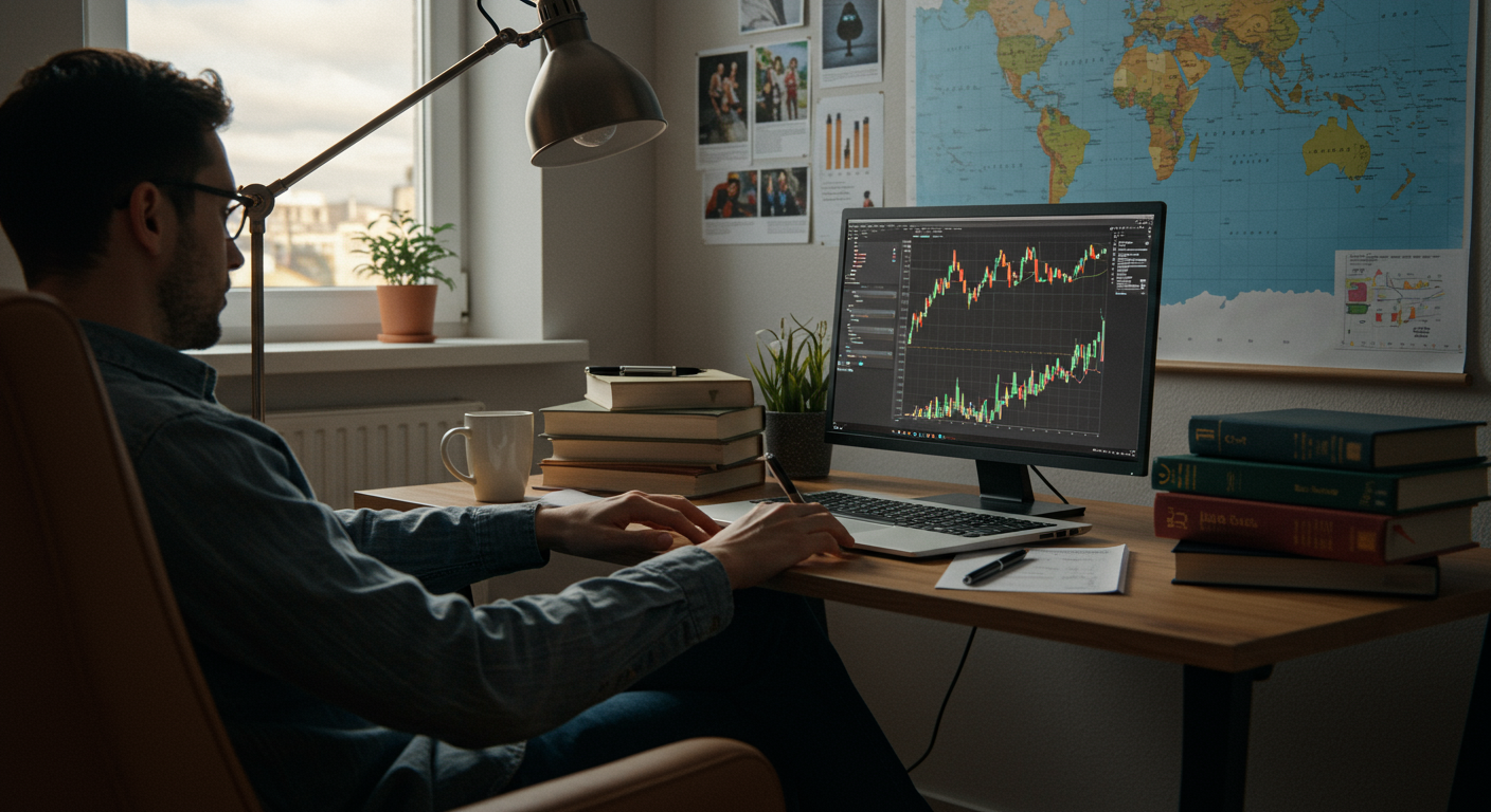 Analytical crypto investor analyzing Bitcoin charts on a laptop in a modern home office