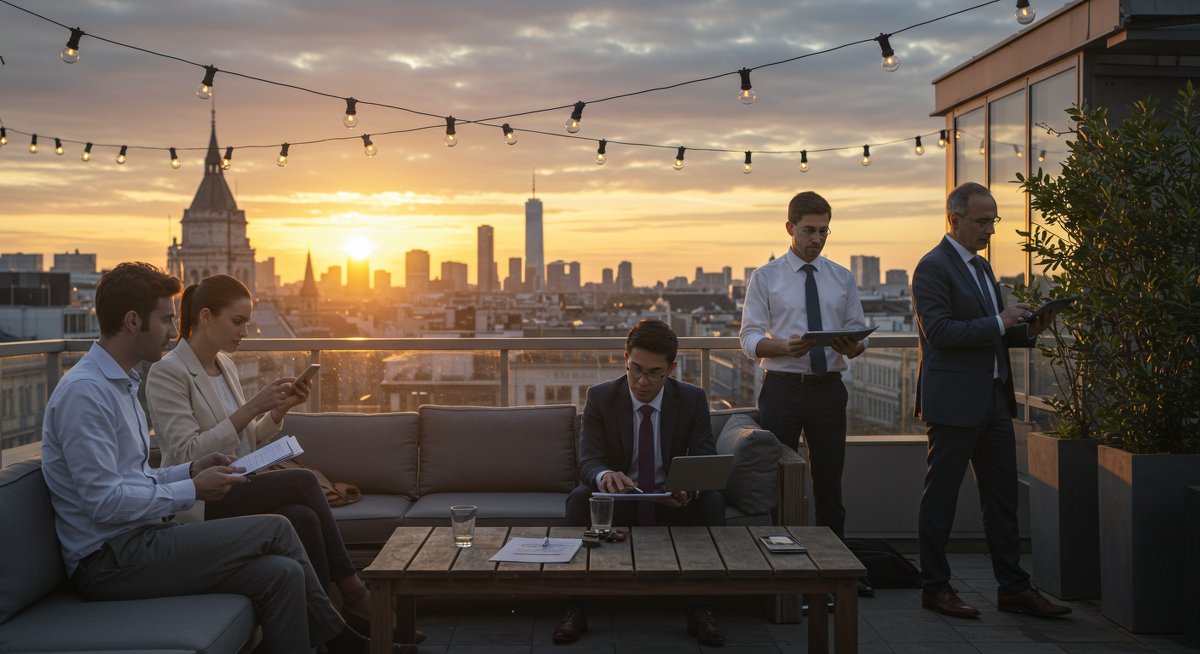 International travelers reviewing travel insurance options on a rooftop terrace with city views, emphasizing coverage comparison and safety for global trips