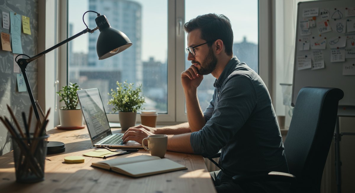 Digital nomad workflow productivity illustration: man working in modern co-working space with laptop, ergonomic setup, and workflow tools, emphasizing remote work productivity and digital nomad strategies