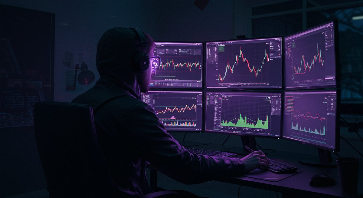 Crypto trader analyzing Ethereum price action with global market data in a tech-filled workspace