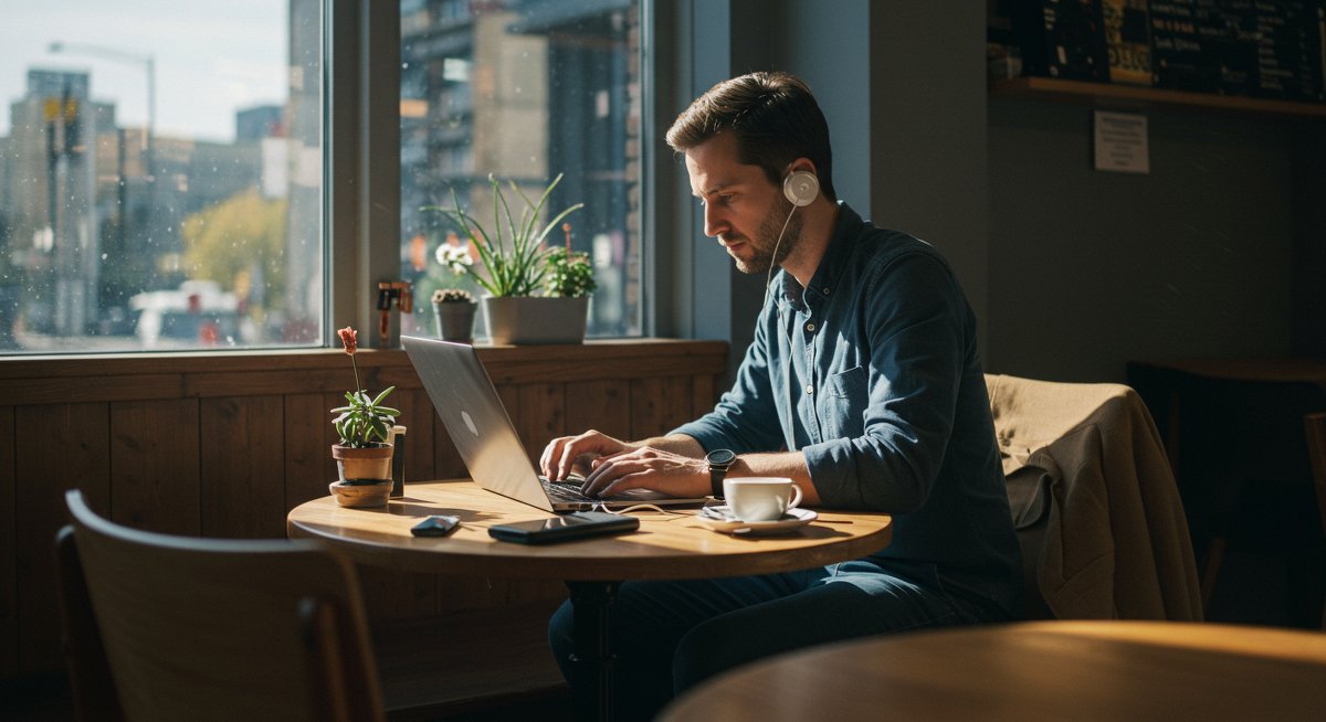 Beginner digital nomad setting up mobile office with essential tech gear in a modern café environment