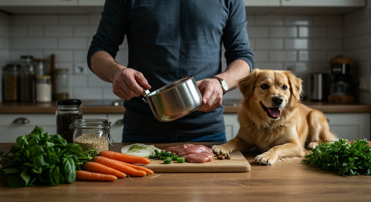Homemade dog food preparation for allergies with fresh ingredients and a healthy dog