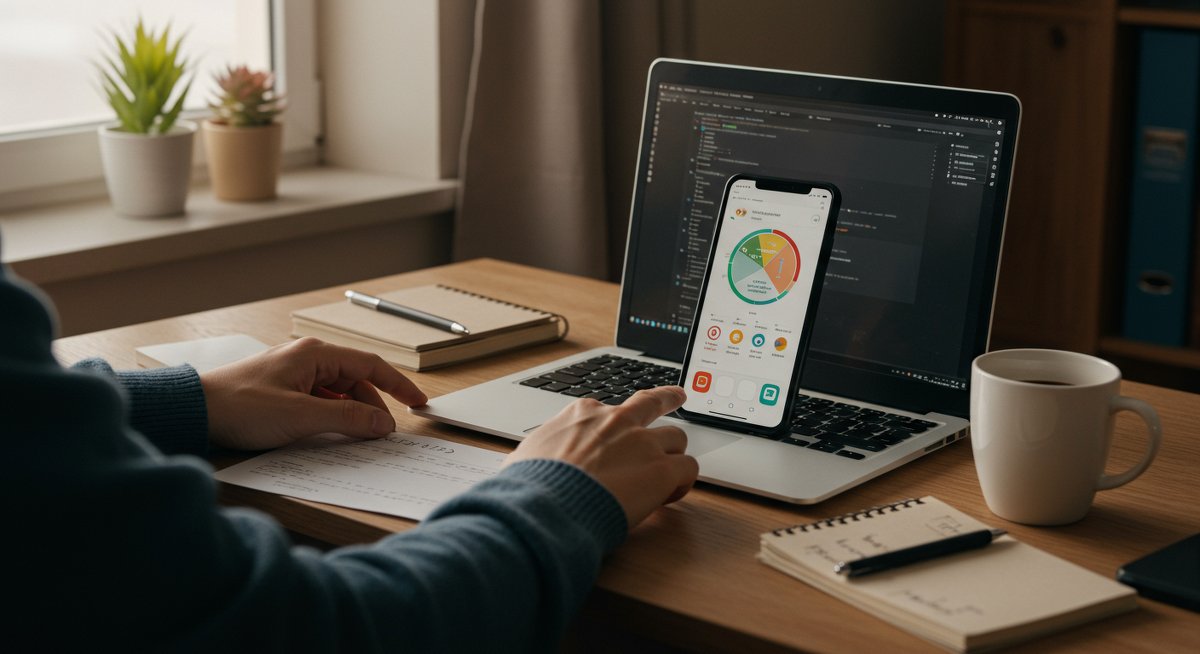 Budget beginner building emergency fund with savings tracker app in dorm room
