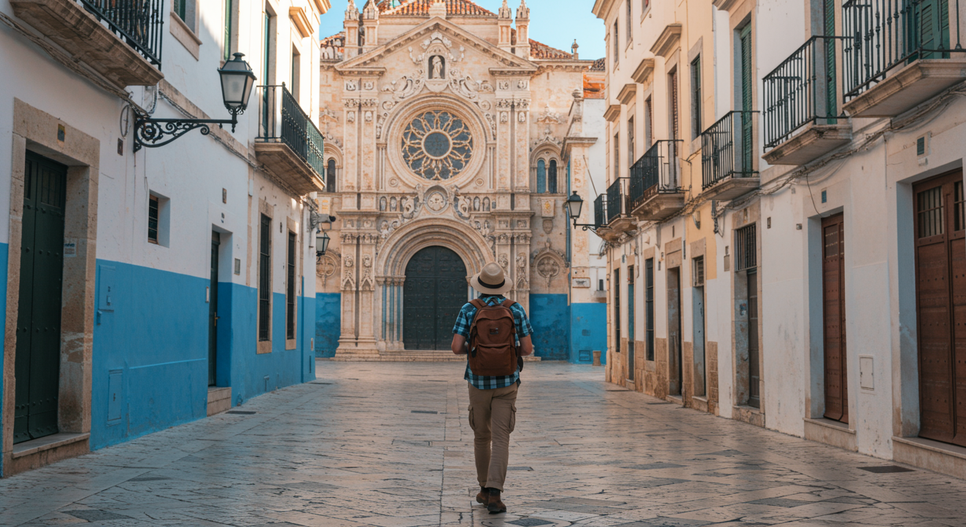 Experienced traveler exploring a European city with a smartphone, planning their trip and navigating the area. They are wearing comfortable walking gear and have a backpack. The background shows historic architecture and a sunny day.