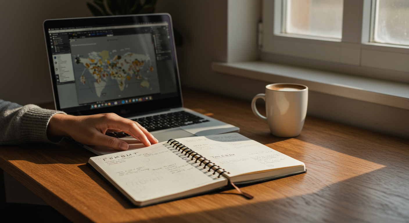 Person at a desk with laptop and coffee, planning tasks in a bullet journal, embodying the habit stacking method for improved productivity in a home office.