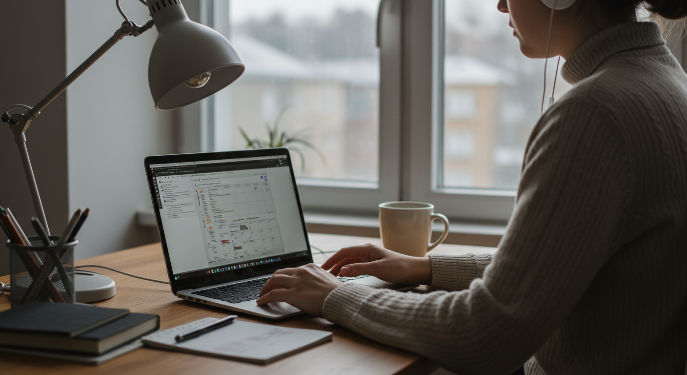 A person at a desk working on a laptop, managing emails in a modern home office setting. The image captures the essence of email management.
