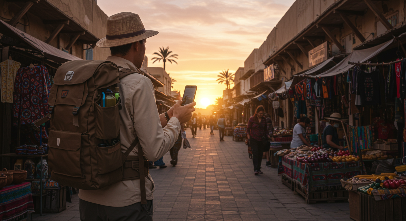 A traveler exploring a bustling European market while planning their trip on their phone, showcasing practical travel planning.