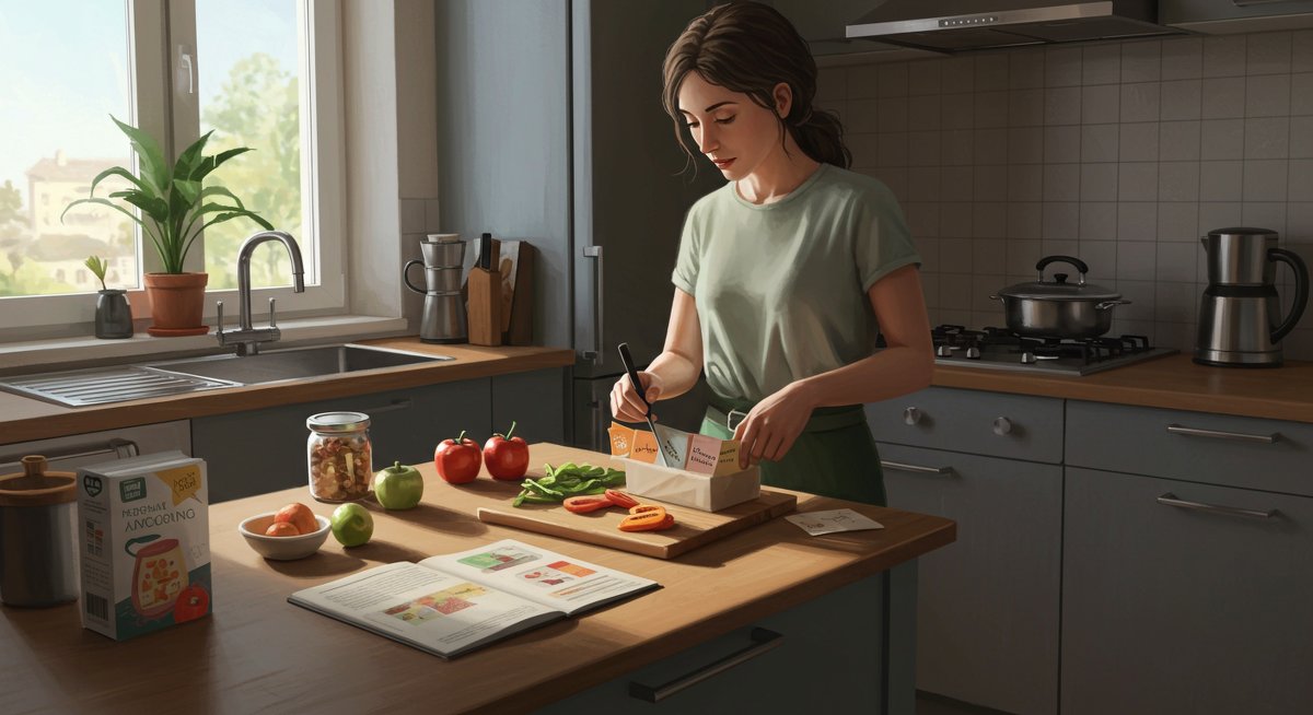 Vegan meal planning illustration showing organized grocery list, recipe cards, and fresh produce in modern kitchen setting