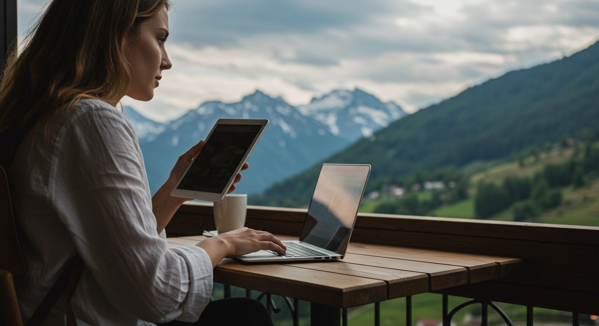 A budget-conscious female traveler sitting in a cozy local café, using both her laptop and tablet to research visa requirements for her upcoming international trip.