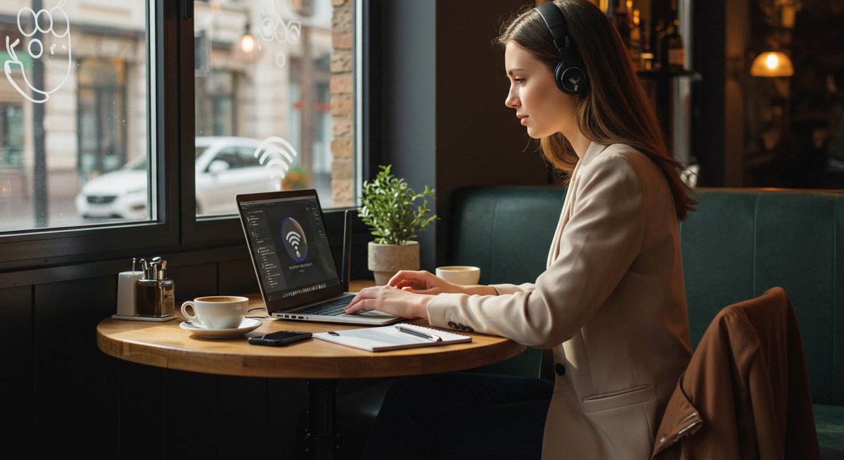 Digital nomad using reliable internet in a café workspace with laptop, router, and coffee