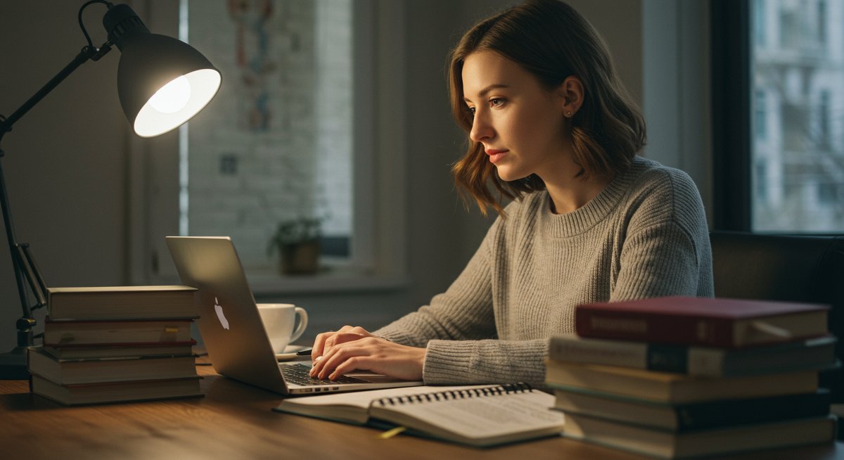 Female student managing study time with digital planner and laptop in organized study space