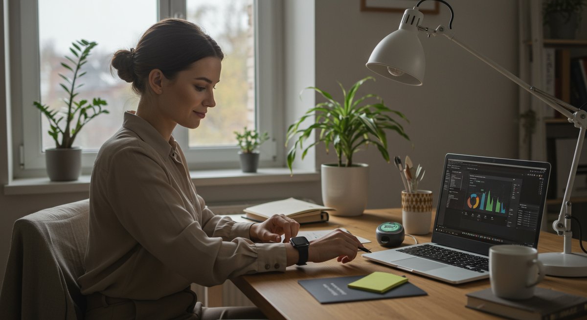 Professional woman managing energy levels through smart technology and focused work in a modern home office