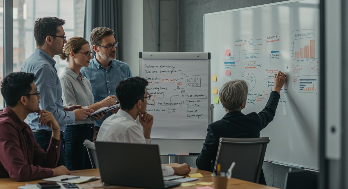 Mid-career professionals collaborating on workplace conflict resolution strategies in a modern office environment