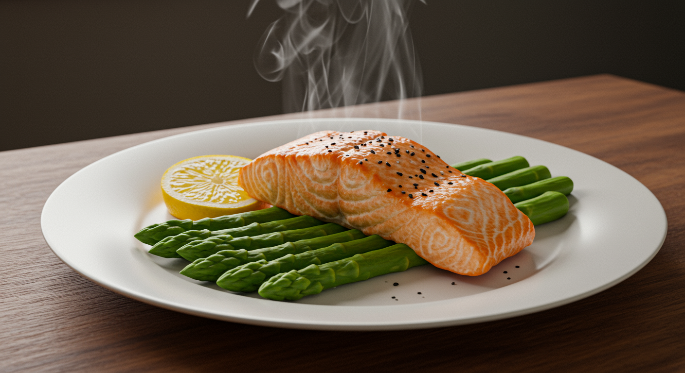 A beautifully plated keto-friendly dinner of salmon and asparagus, showcasing a healthy and delicious meal option for beginners.