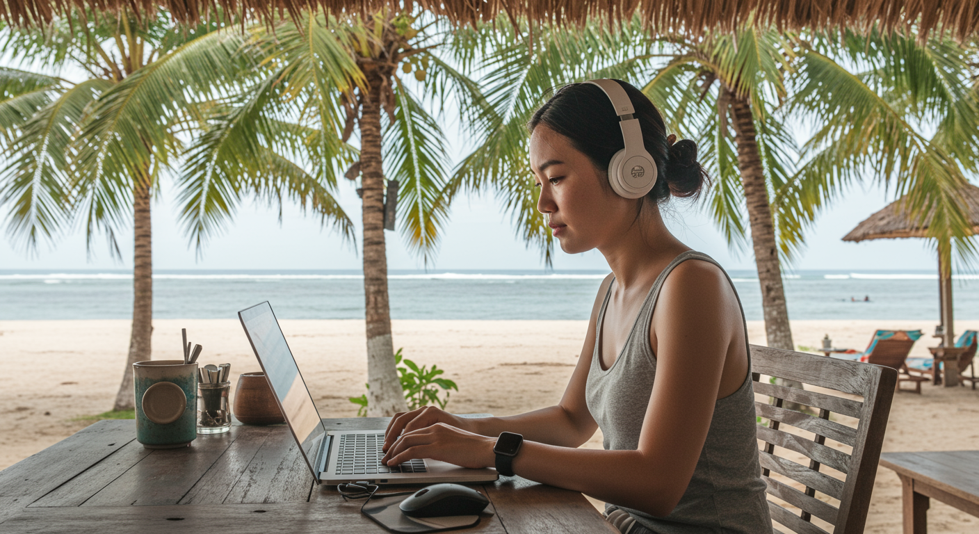 A young woman working on a laptop at a beachside cafe in Bali, showcasing reliable internet connectivity for digital nomads.