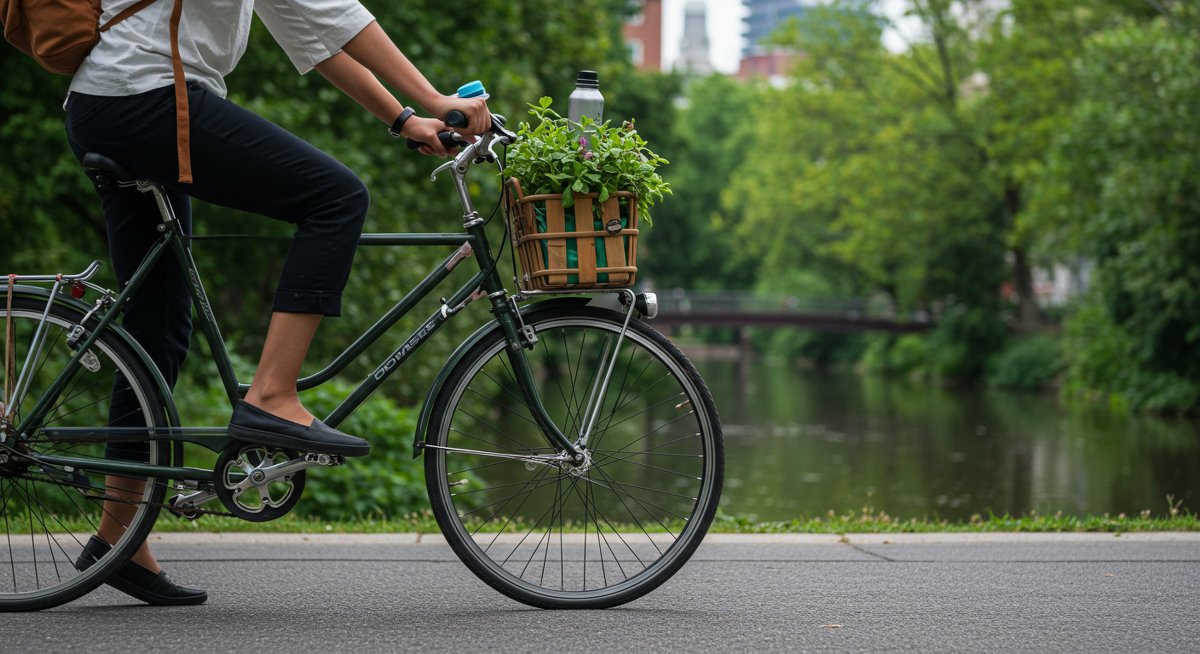 Eco-friendly commute: A person cycling through an urban area with greenery, emphasizing sustainable transportation and reducing carbon footprint travel.