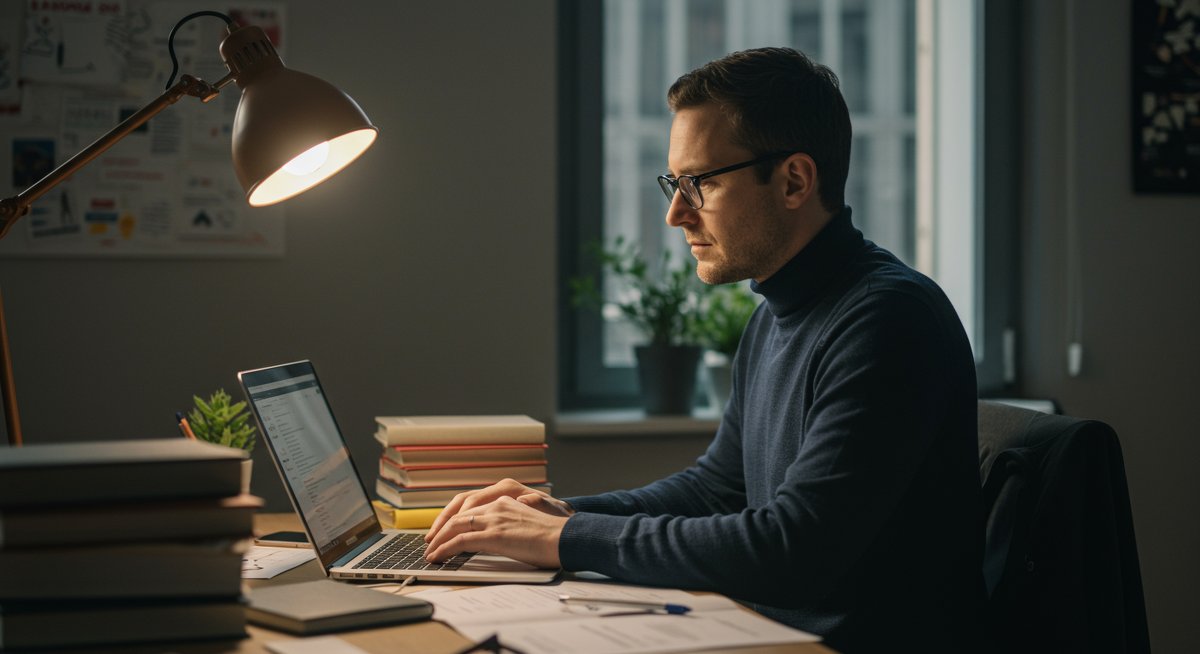 Mid-career professional engaged in skill development with modern workspace essentials
