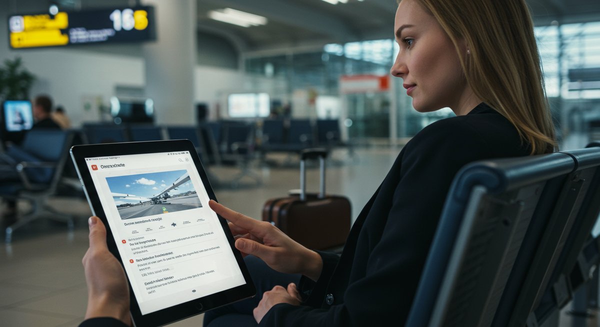 Experienced traveler researching flight compensation rights in airport setting