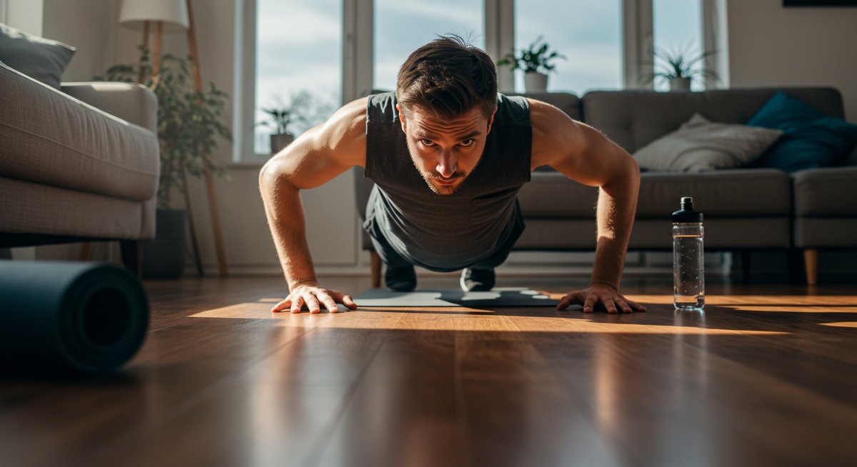Beginner-friendly upper body workout showing man doing push-ups at home with yoga mat and water bottle