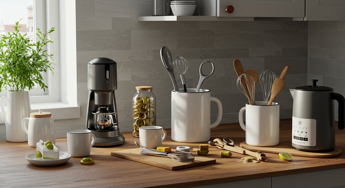 Eco-friendly kitchen gadgets in modern kitchen setting with natural lighting