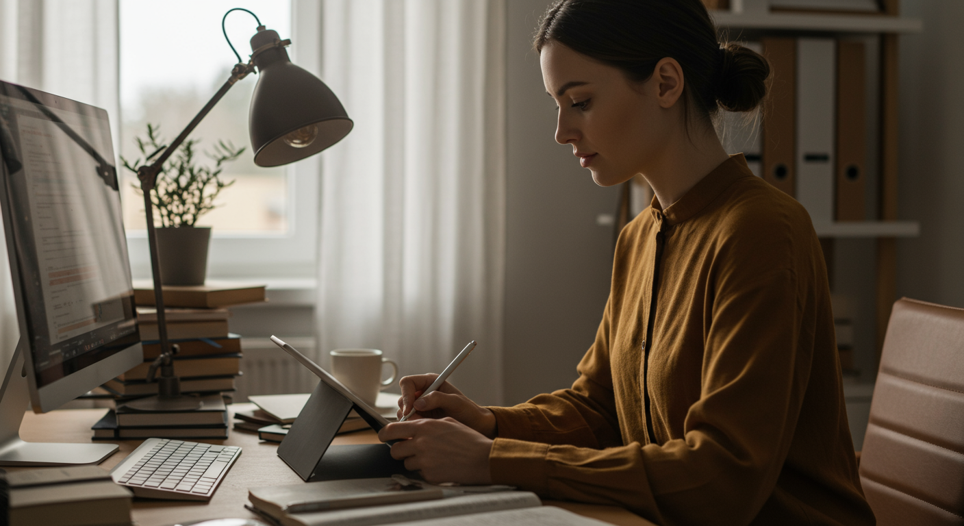 Expert minimalist reviewing digital files and decluttering, with a focus on mindful planning and organization.
