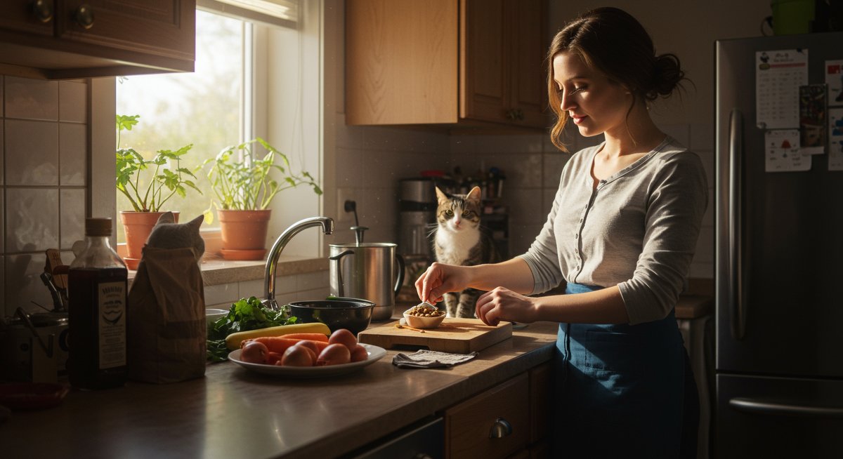 A woman prepares homemade cat food in a clean kitchen, while a cat watches calmly, emphasizing healthy homemade cat food for sensitive stomachs.