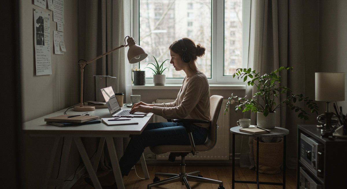 Freelancer working from a modern home office with natural light and minimalistic decor