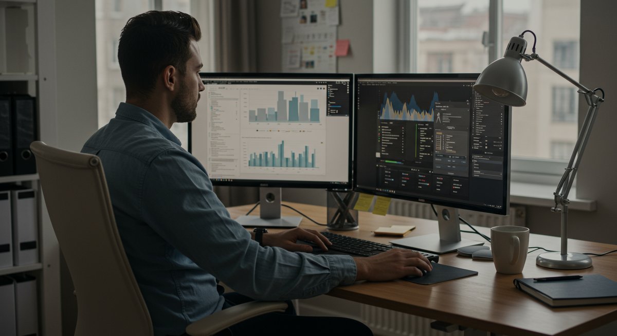 Experienced minimalist man focused on financial planning in modern workspace with clean design and minimalist budgeting tools