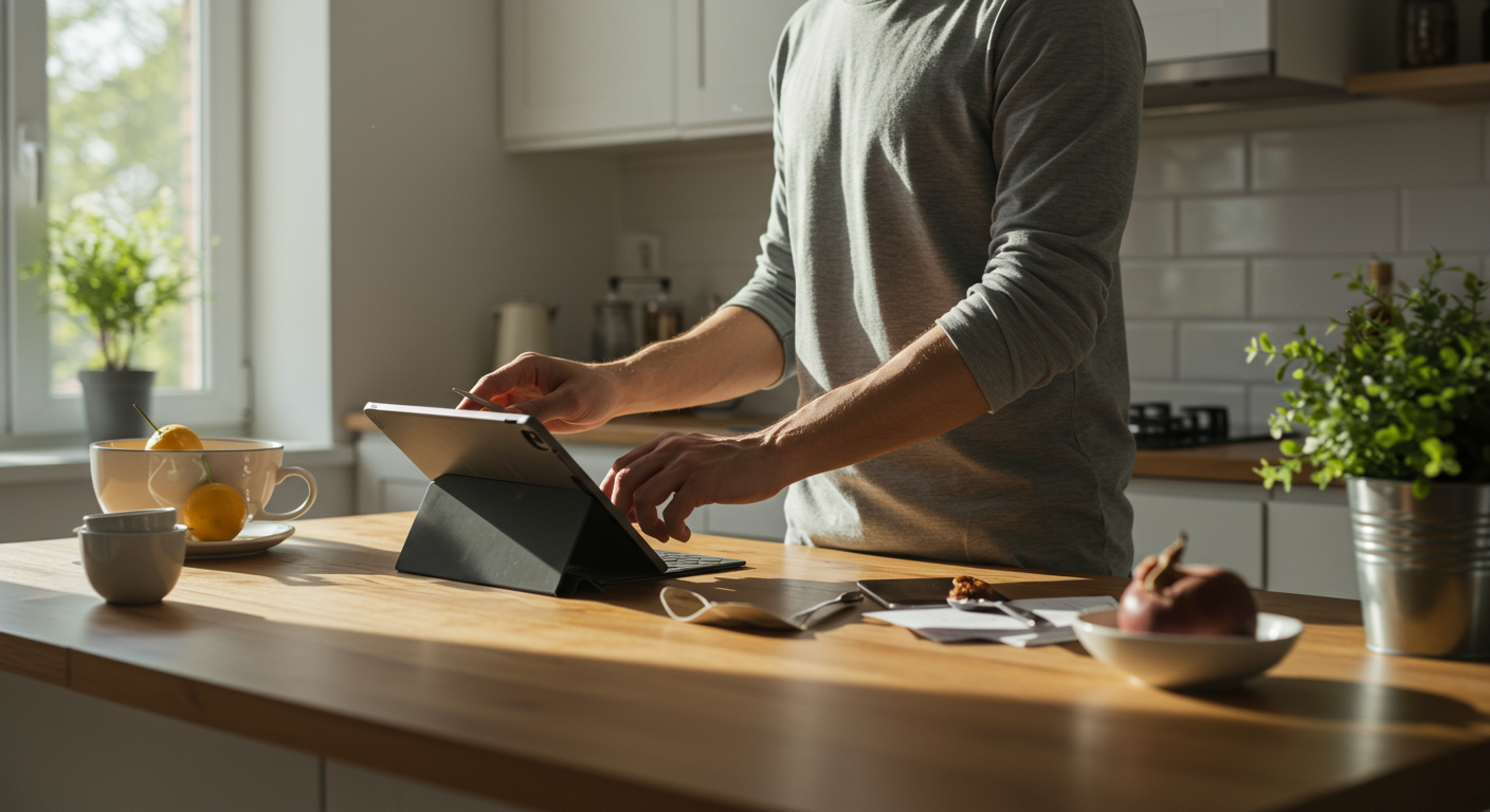 Minimalist kitchen with a person using a tablet to manage expenses. The kitchen is clean and organized, showing a minimalist lifestyle.
