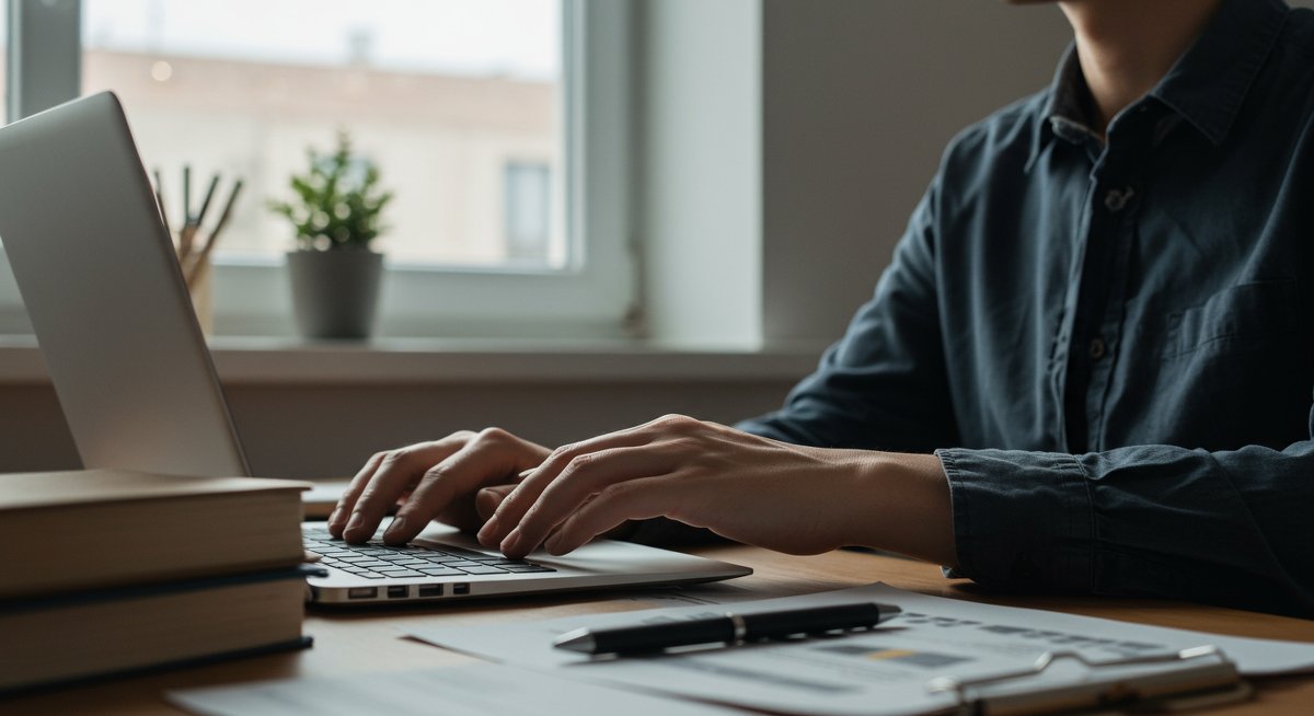 Mid-career professional using laptop to plan career transition with organizational tools and career development resources in minimalist workspace