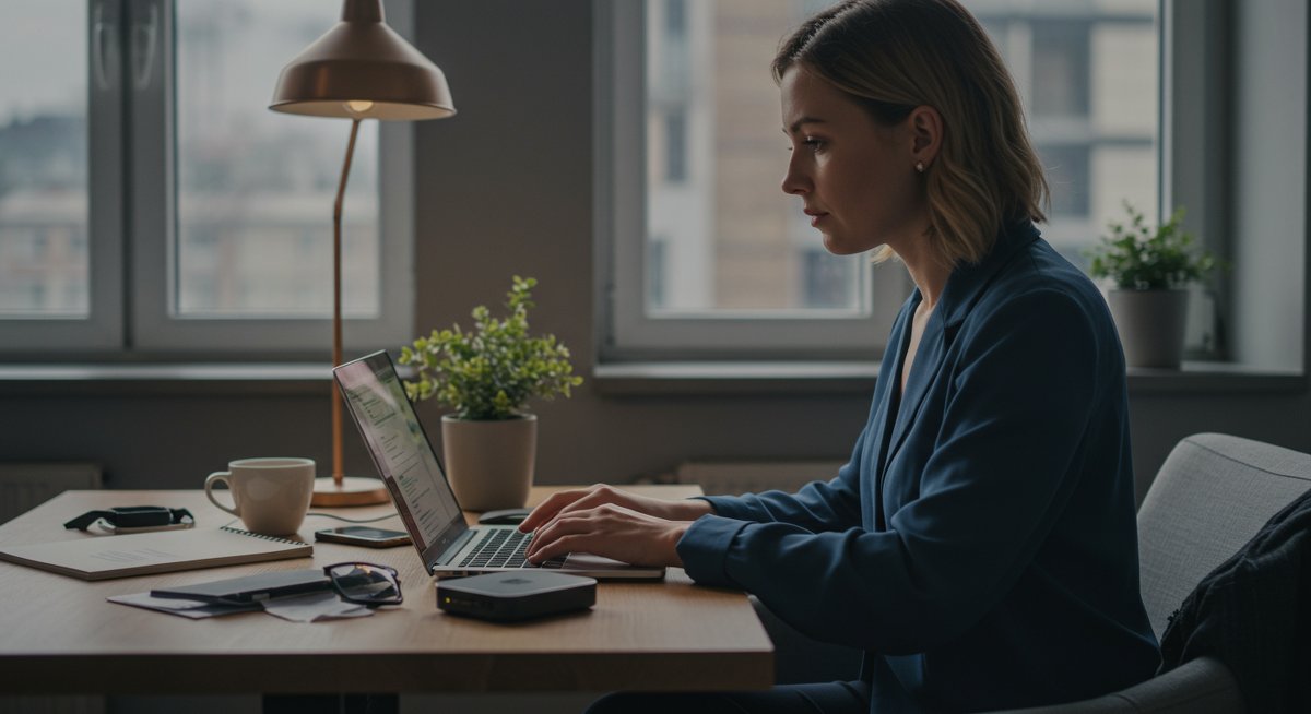 Digital nomad using portable WiFi router for reliable internet connection in modern co-working space