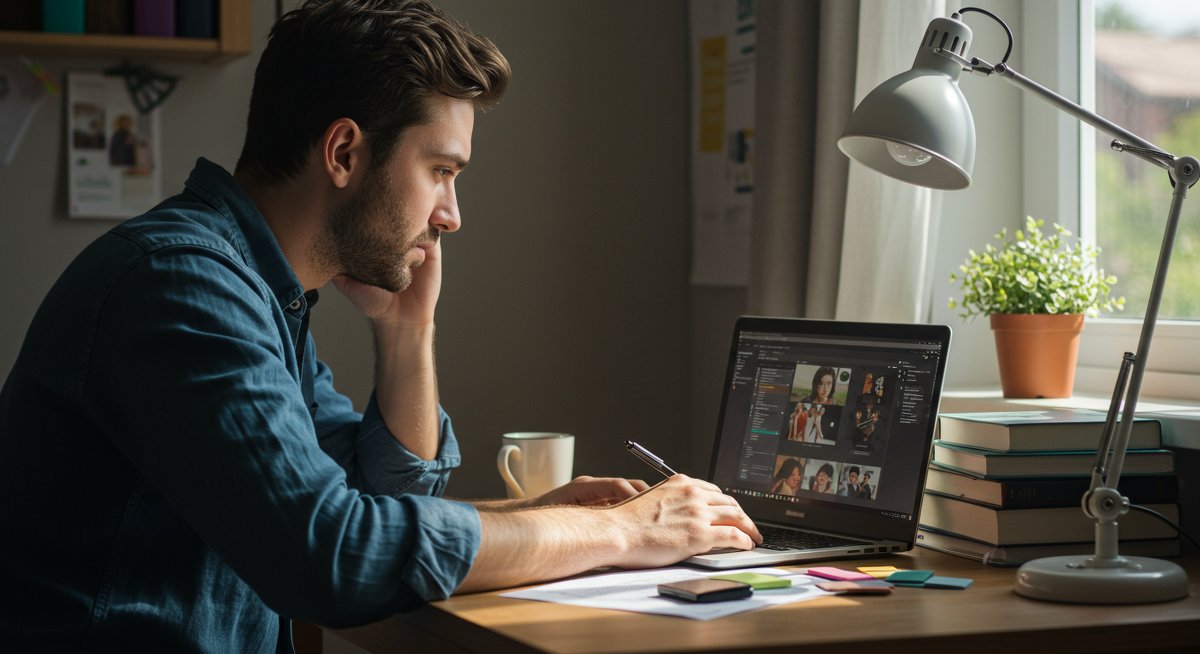 Adult learner utilizing budget-friendly resources for skill development in a home office setting